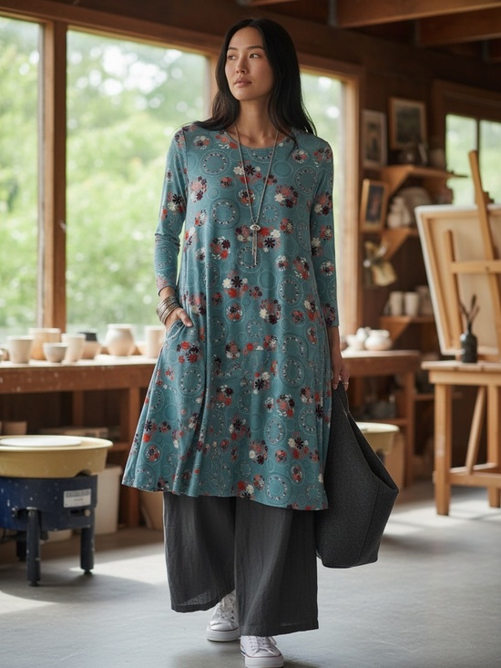 Gudrun Sjoden Tops - Gudrun Sjoden Teal Floral Artsy Swing Tunic Dress Lagenlook Organic Cotton Large